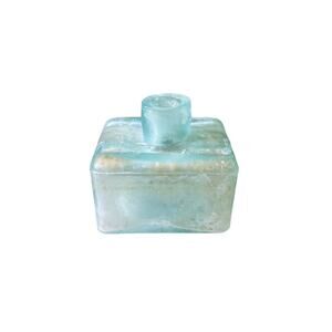 Vintage Aqua Glass Ribbed Boat Inkwell 2.5" Late 1800s